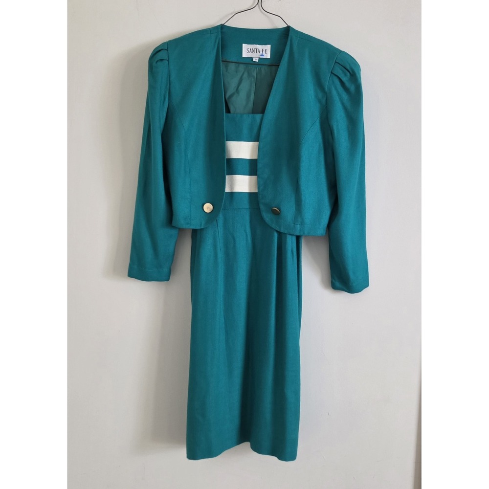 Vtg Teal Sleeveless Tank Style Dress & Cropped Jacket Set Size 8